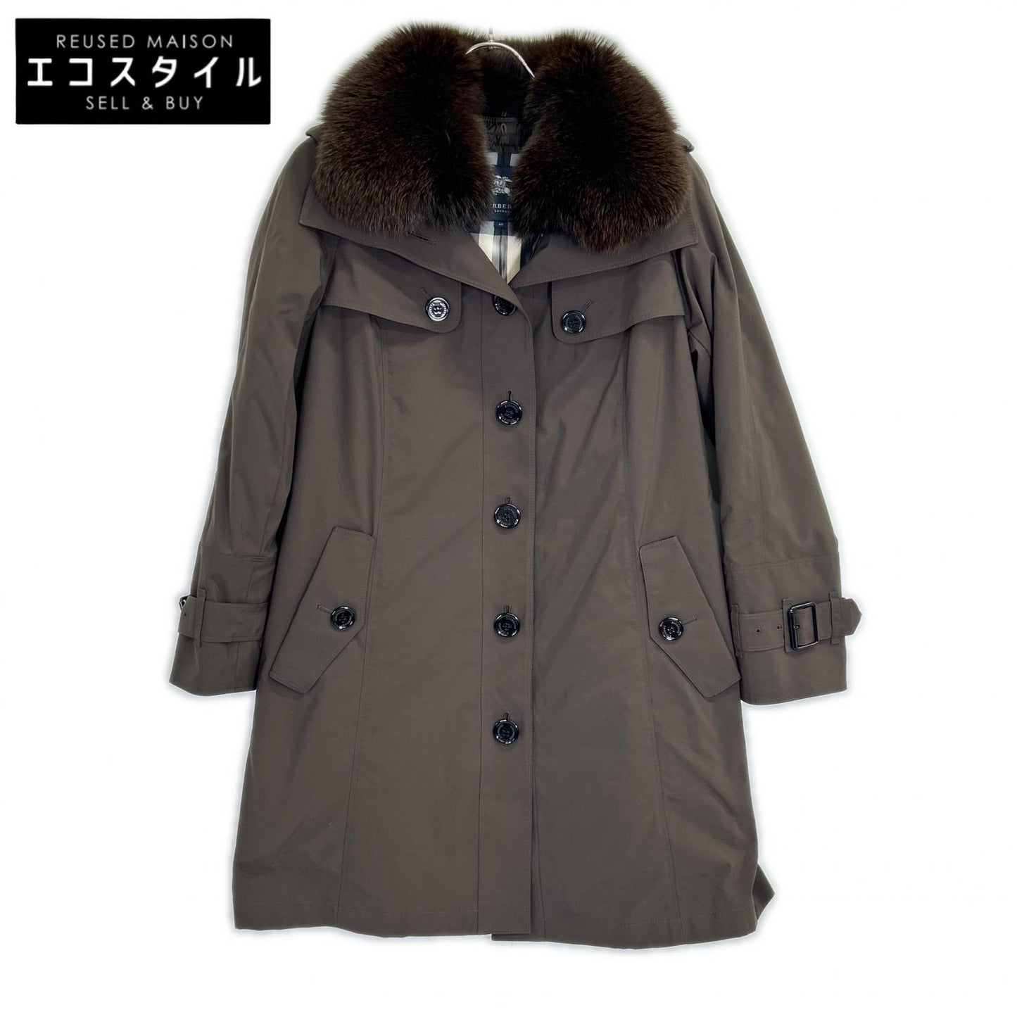 BURBERRY LONDON B1A23-661-58 Brown Nylon Down Liner Fox Fur Down Coat 40