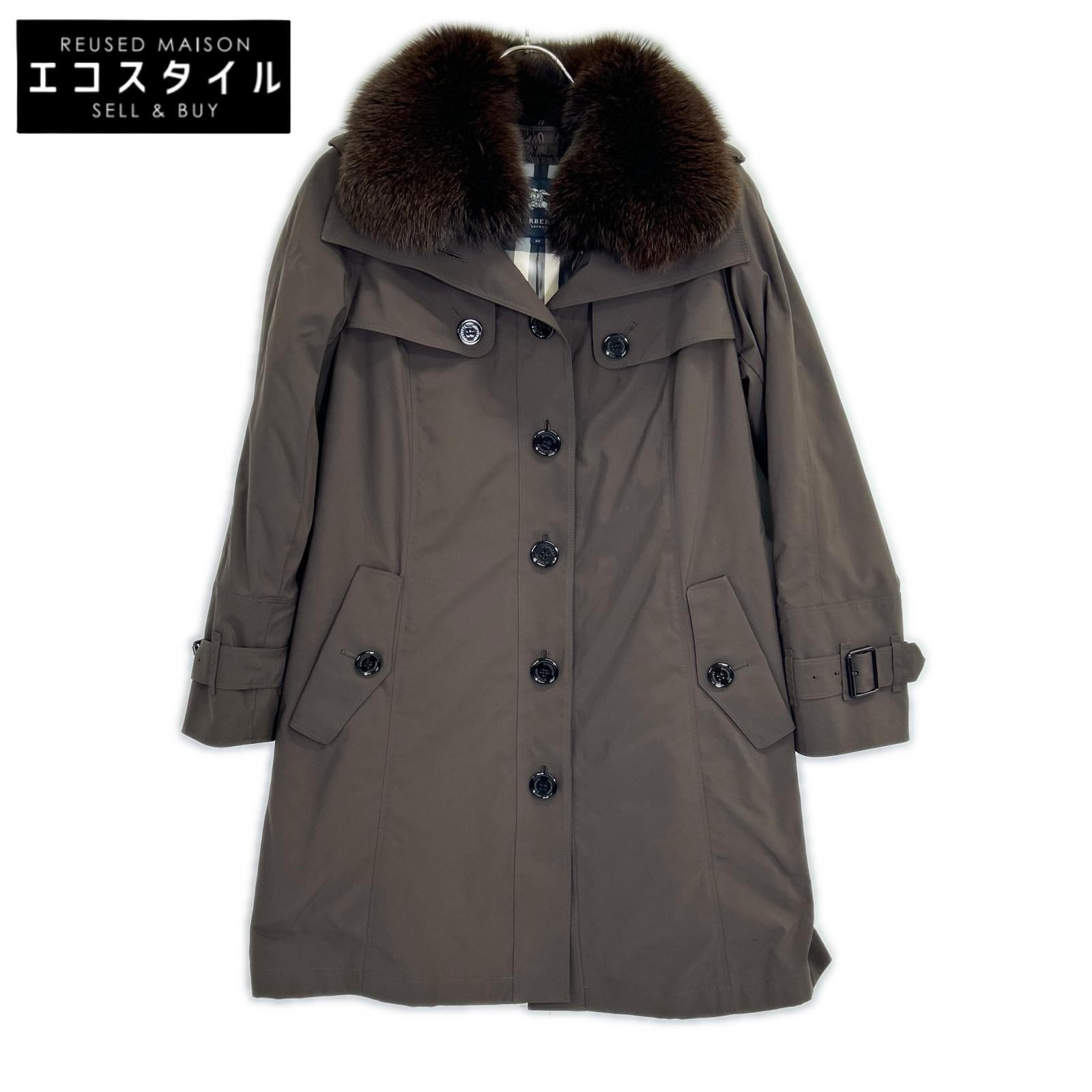 BURBERRY LONDON B1A23-661-58 Brown Nylon Down Liner Fox Fur Down Coat 40