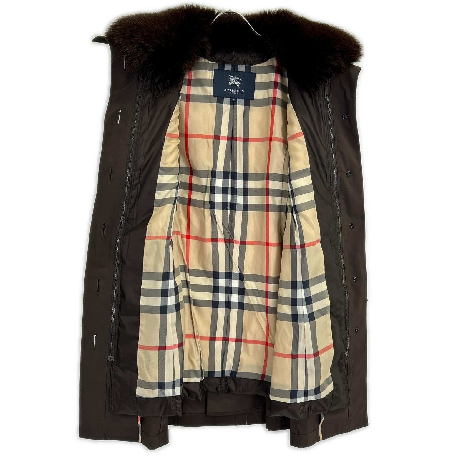 BURBERRY LONDON B1A23-661-58 Brown Nylon Down Liner Fox Fur Down Coat 40
