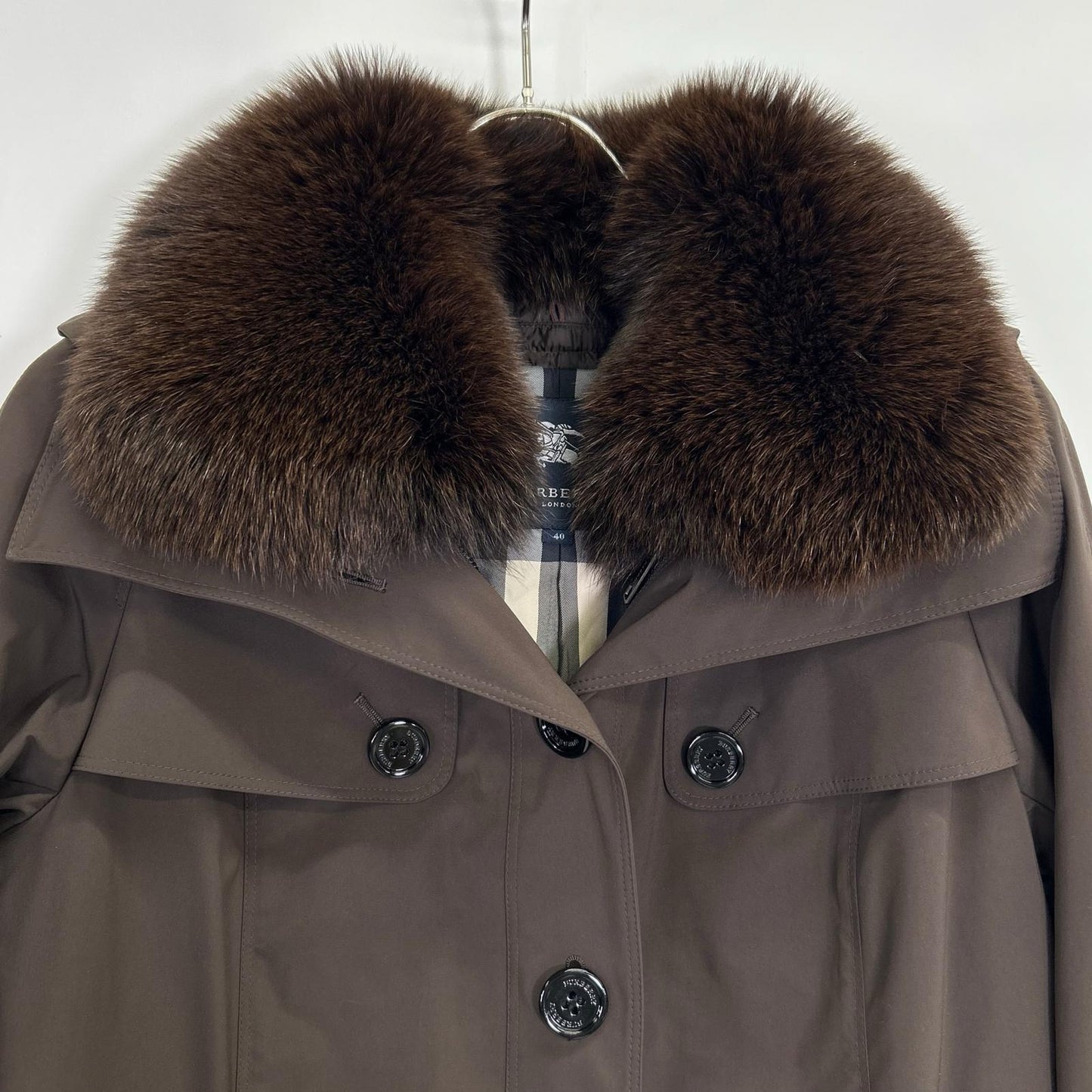 BURBERRY LONDON B1A23-661-58 Brown Nylon Down Liner Fox Fur Down Coat 40