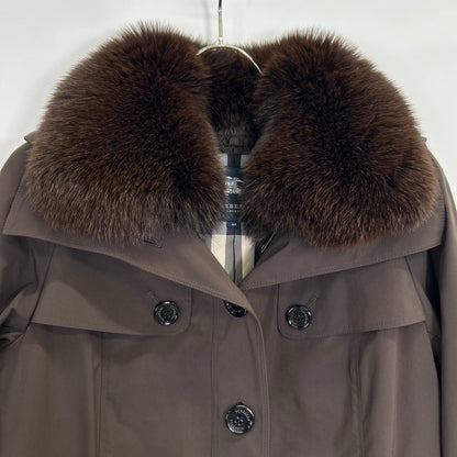 BURBERRY LONDON B1A23-661-58 Brown Nylon Down Liner Fox Fur Down Coat 40