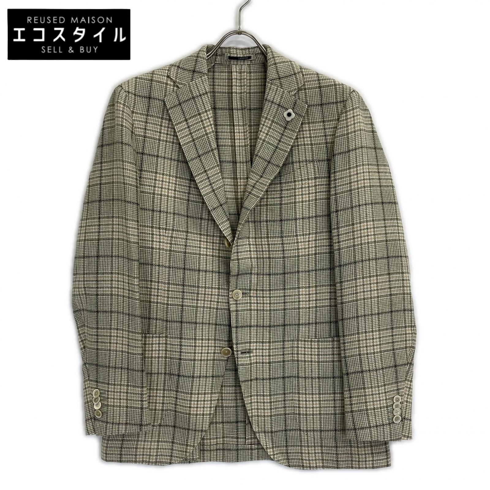 LARDINI ラルディーニ ベージュ×グリーン ウールシルク グレンプレイド ジャケット ベージュブラウン 3B ジャケット