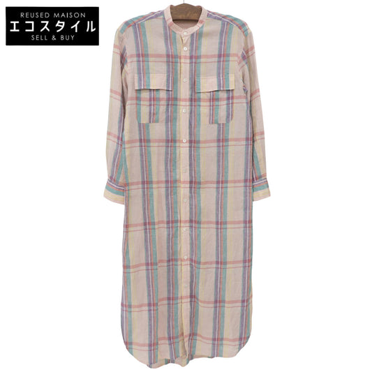 美品 チェック柄 シャツ ワンピース リネン100% レディース ピンク 36 ワンピース 36 レディース