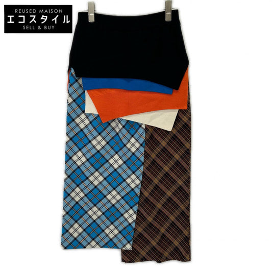 300CA371-2430 Black x Blue Wool Blend Check Patchwork Layered Knit Skirt Top 38 Women's