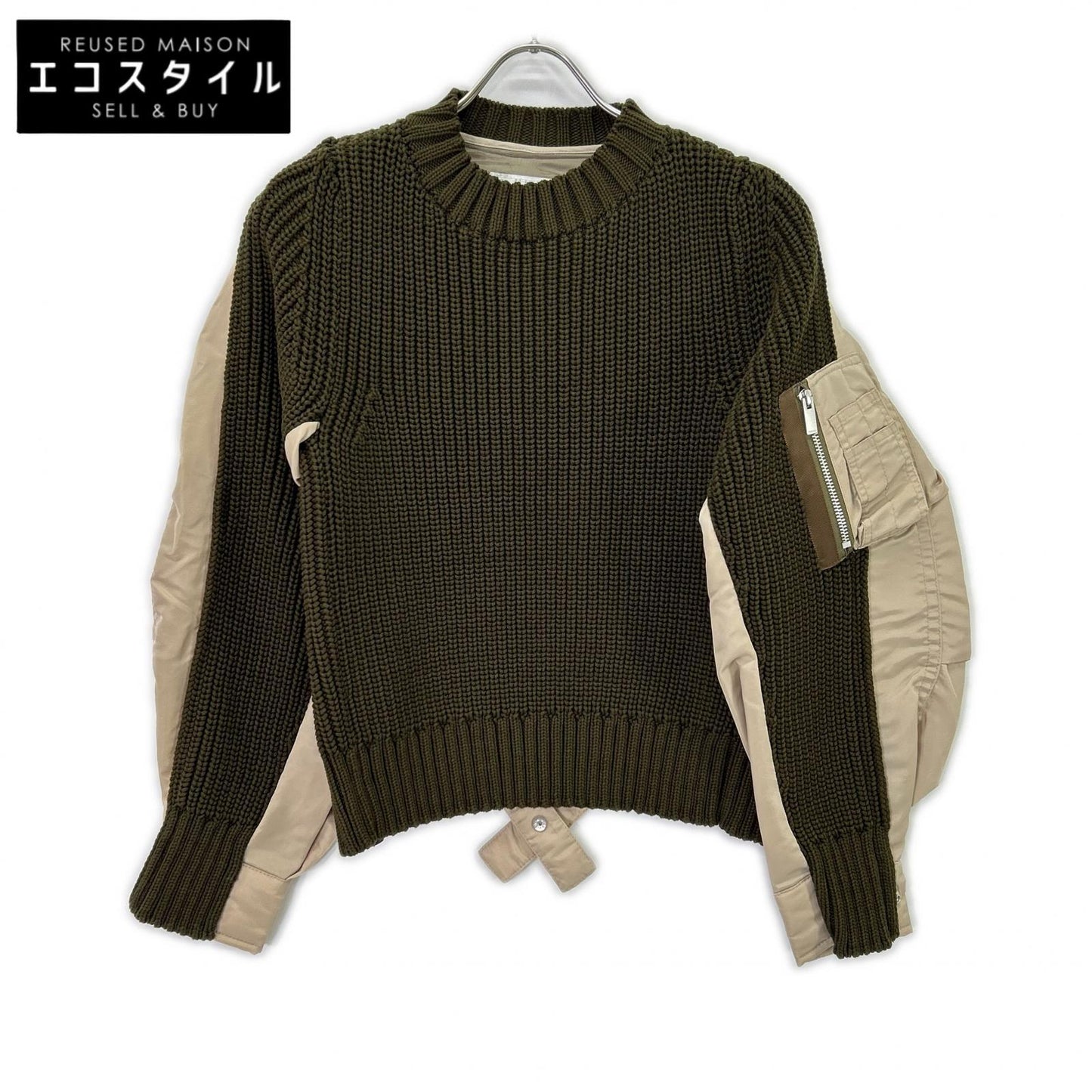 sacai サカイ 22SS 22-06074 オリーブ×ベージュ MA-1ドッキング ニットプルオーバー トップス