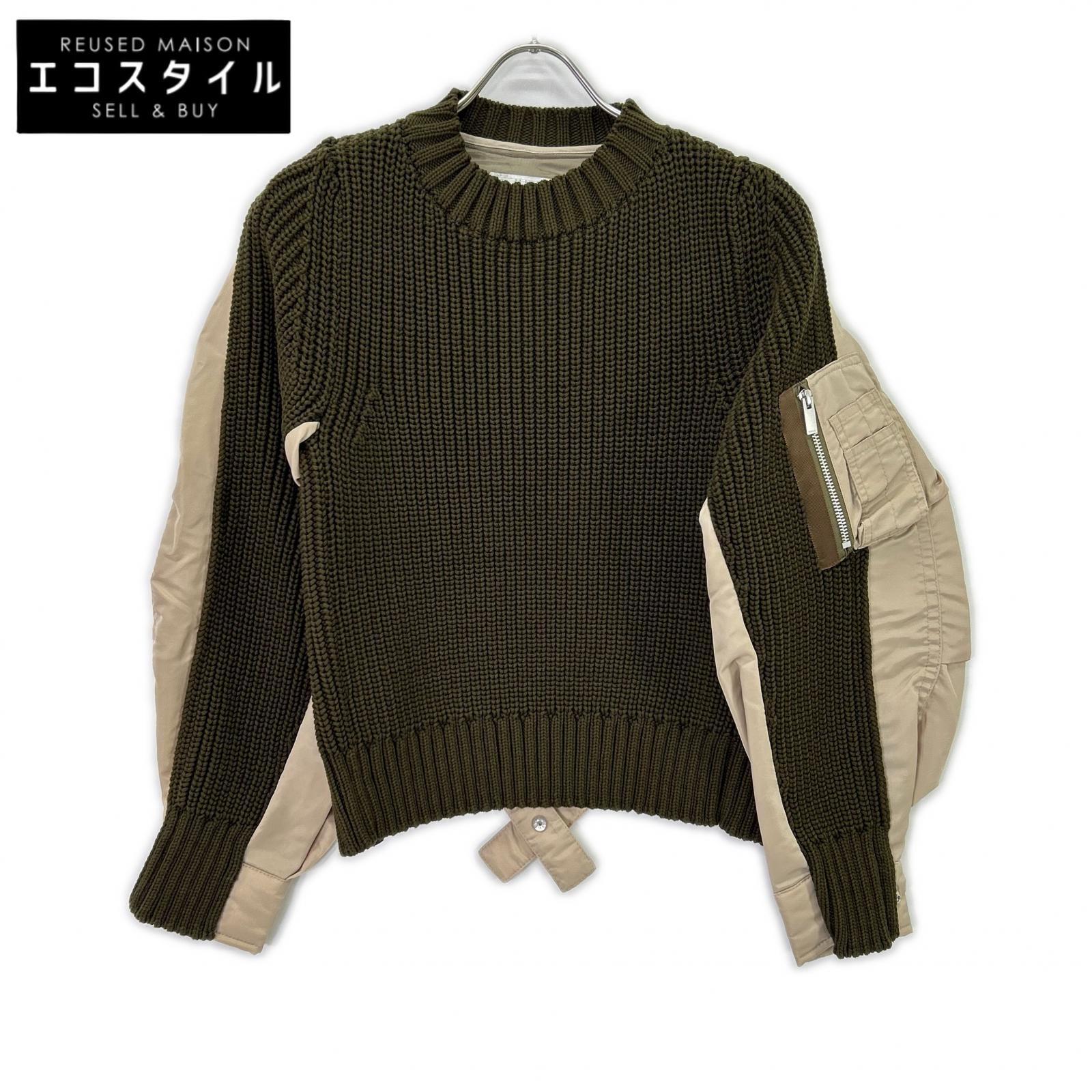 sacai サカイ 22SS 22-06074 オリーブ×ベージュ MA-1ドッキング ニットプルオーバー トップス