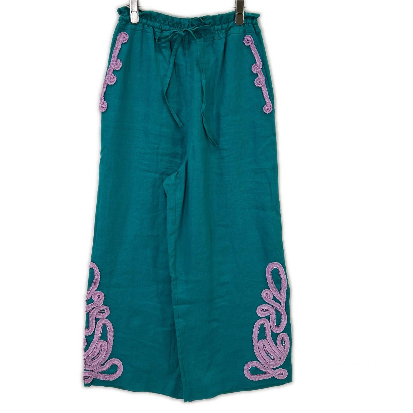 MYLAN マイラン MY20SS-PT003 ターコイズブルー×ピンク リネン Tape Embroidery Pants/イージーワイドパンツ ボトムス