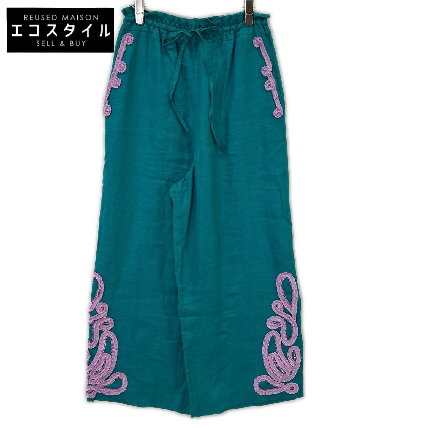 MYLAN マイラン MY20SS-PT003 ターコイズブルー×ピンク リネン Tape Embroidery Pants/イージーワイドパンツ ボトムス