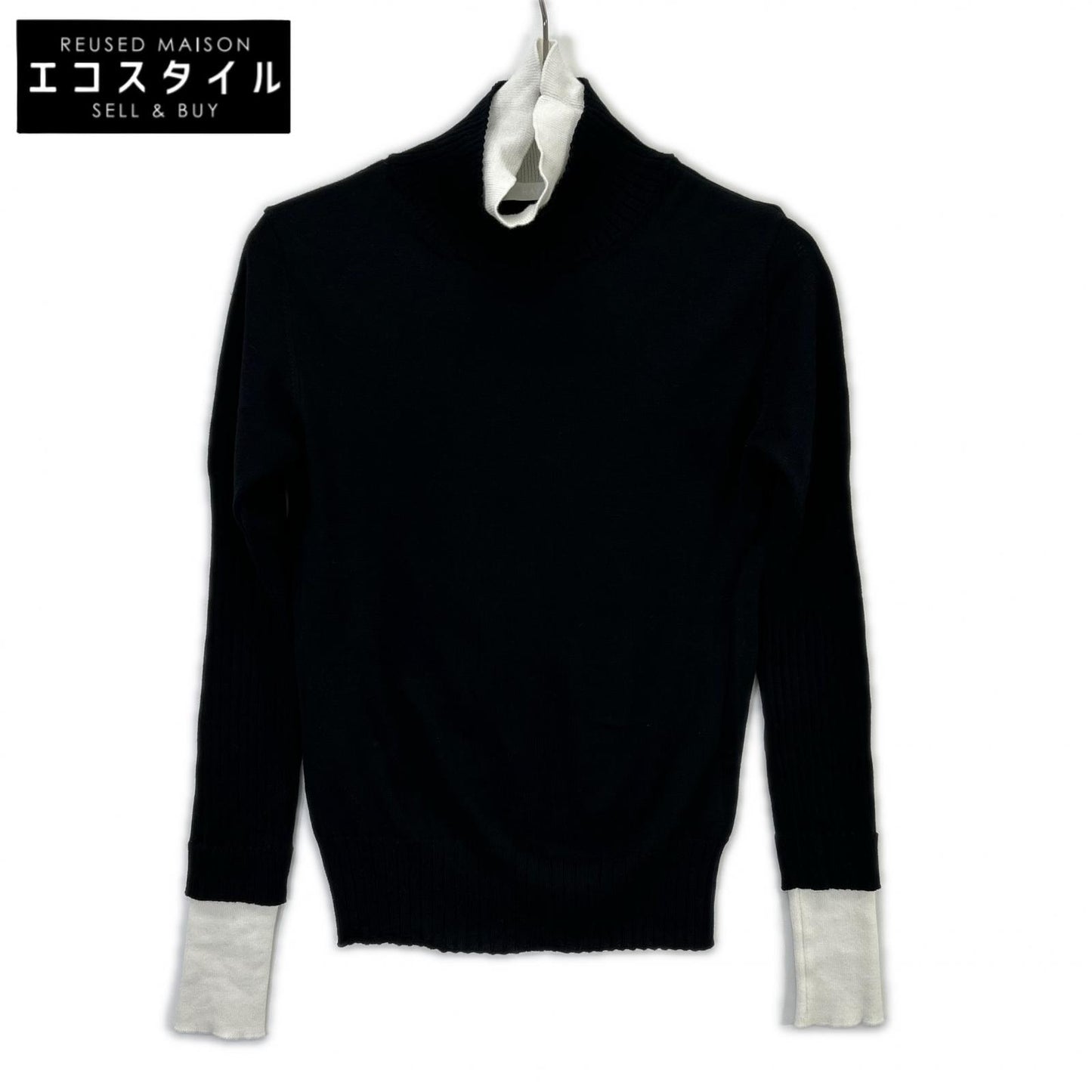 KAYLE K-1305 Black Cotton x Silk Layered Turtleneck Long Sleeve Knit Top F