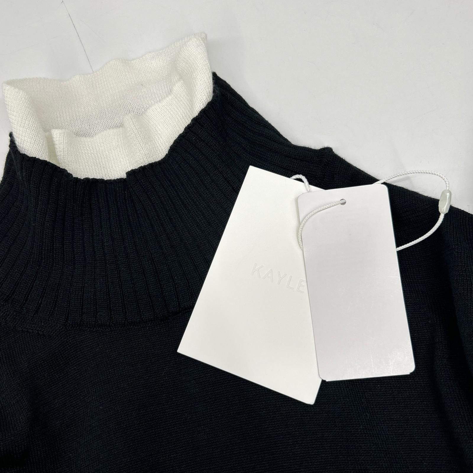 KAYLE K-1305 Black Cotton x Silk Layered Turtleneck Long Sleeve Knit Top F