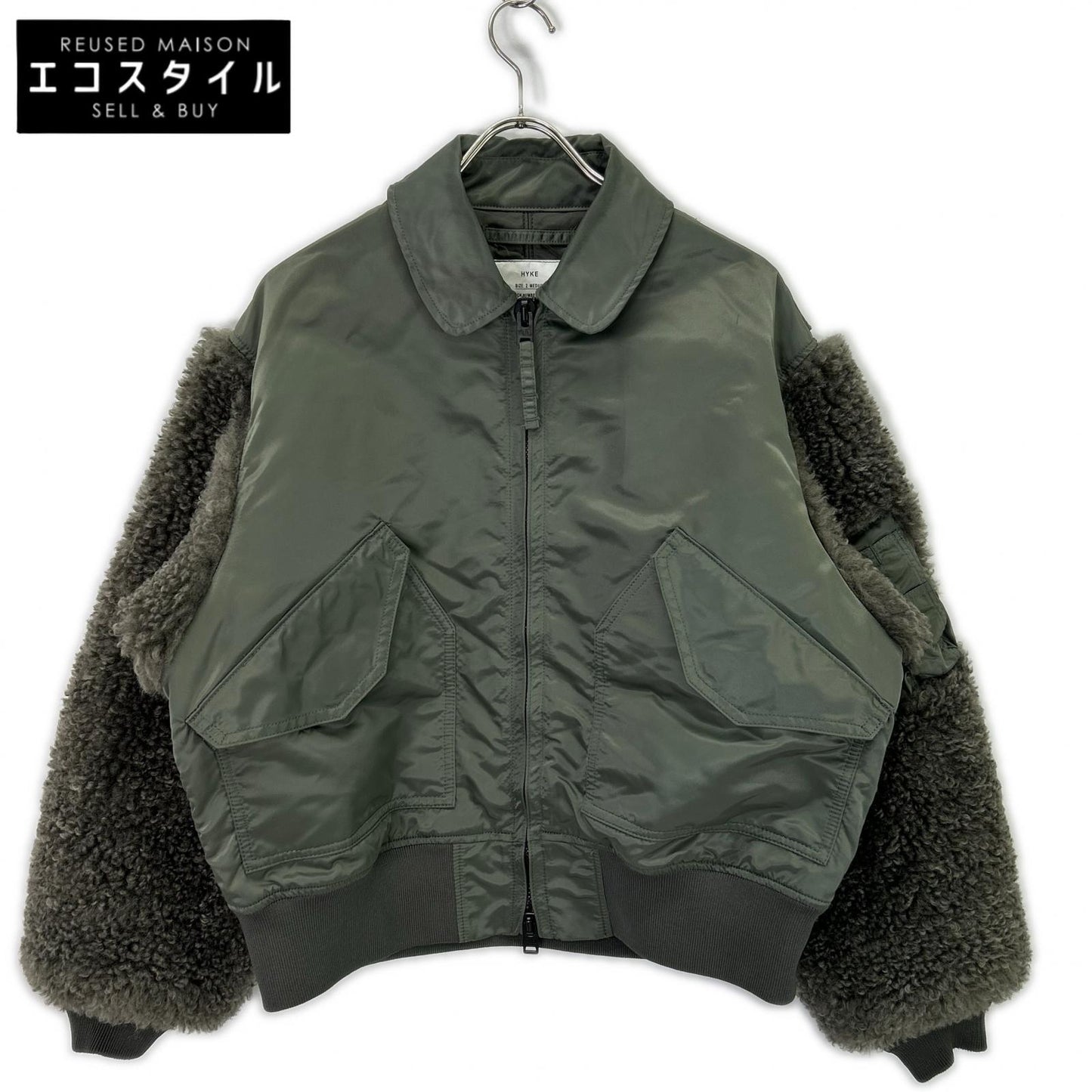 HYKE 25AW 252-17535 Khaki Nylon Twill Faux Shearling Type CWU-45/P Jacket 2 MEDIUM