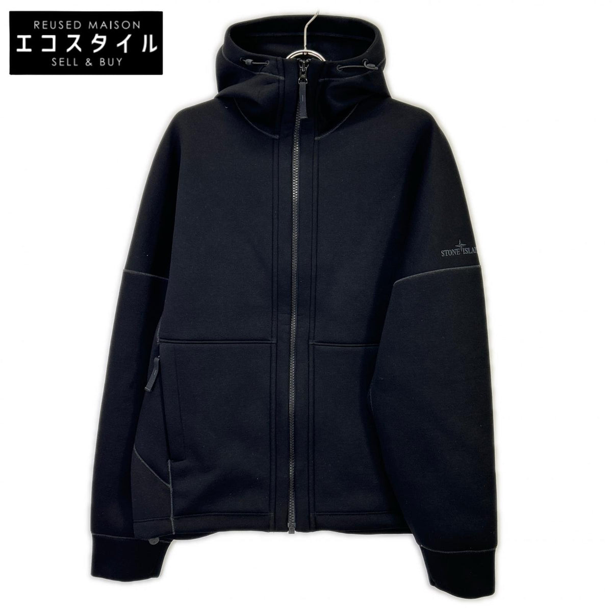 STONE ISLAND 23SS K2S156100031 S0213 Black Rayon Logo Embroidered Drawstring Zip Hoodie Top