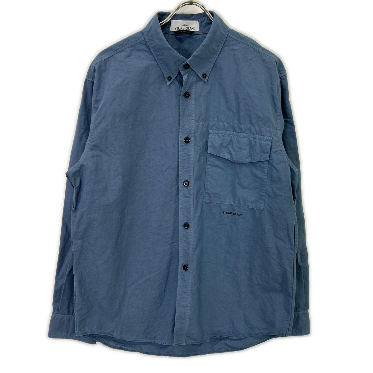 STONE ISLAND 24SS 801511701 Blue Cotton x Linen Logo Embroidered Button-Down Long-Sleeve Shirt