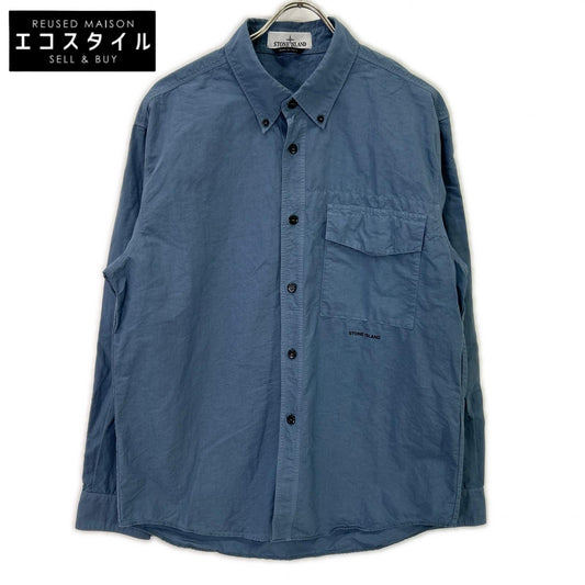 STONE ISLAND 石头岛 24SS 801511701 蓝色 棉麻混纺徽标刺绣牛津纺长袖衬衫 上衣