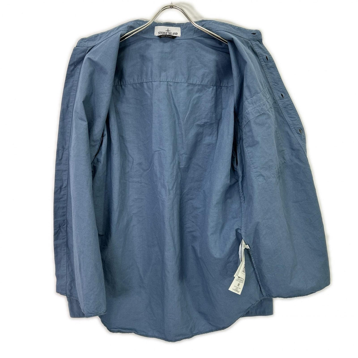 STONE ISLAND 24SS 801511701 Blue Cotton x Linen Logo Embroidered Button-Down Long-Sleeve Shirt