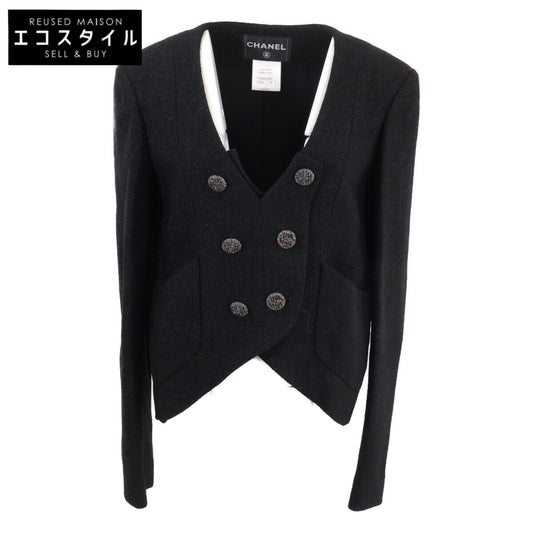 CHANEL シャネル 美品 12AW P44296V12297 ブラック ウールナイロン ツイードノーカラージャケット ジャケット