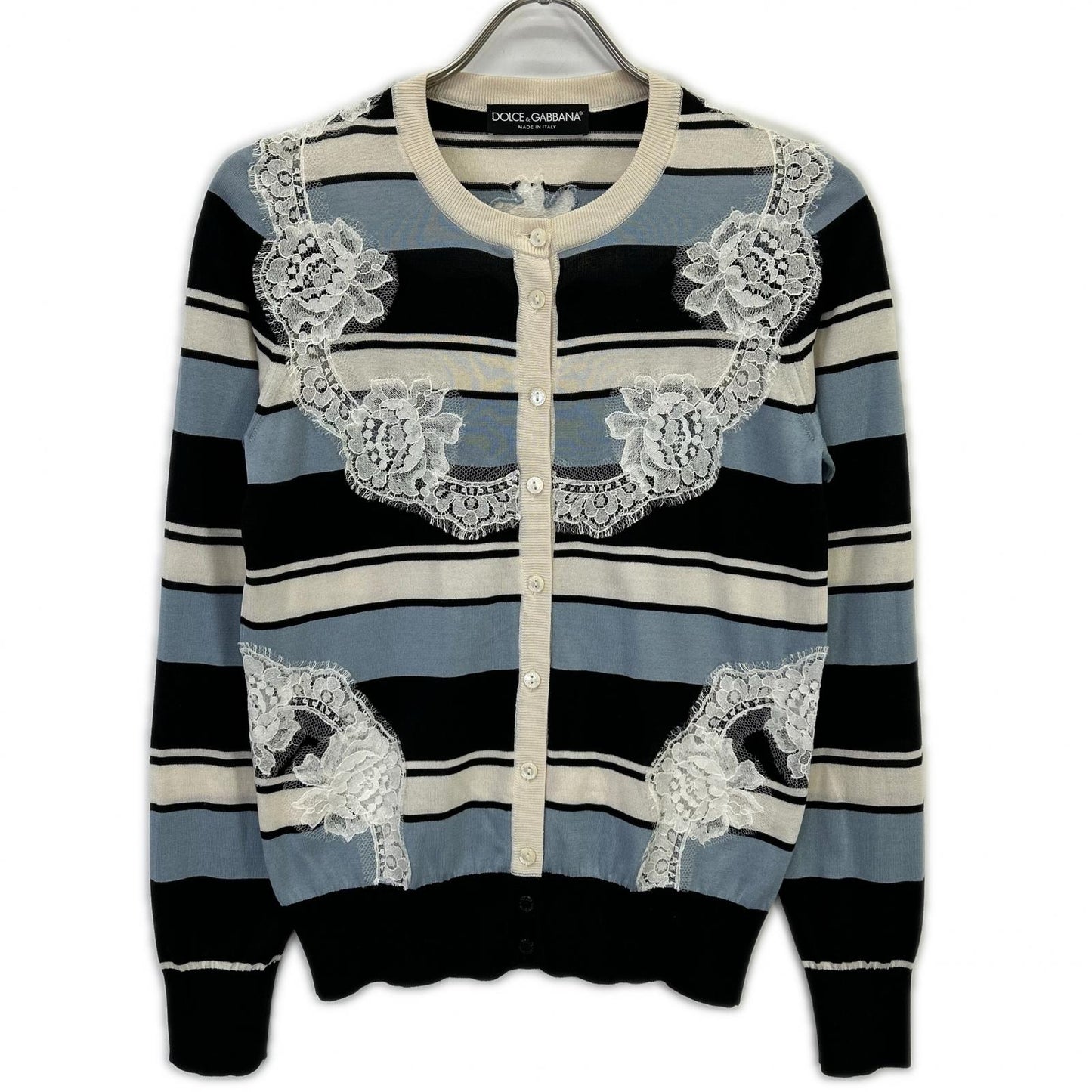 DOLCE&GABBANA Light Blue x Navy x White Border Lace Panel Knit Cardigan Top