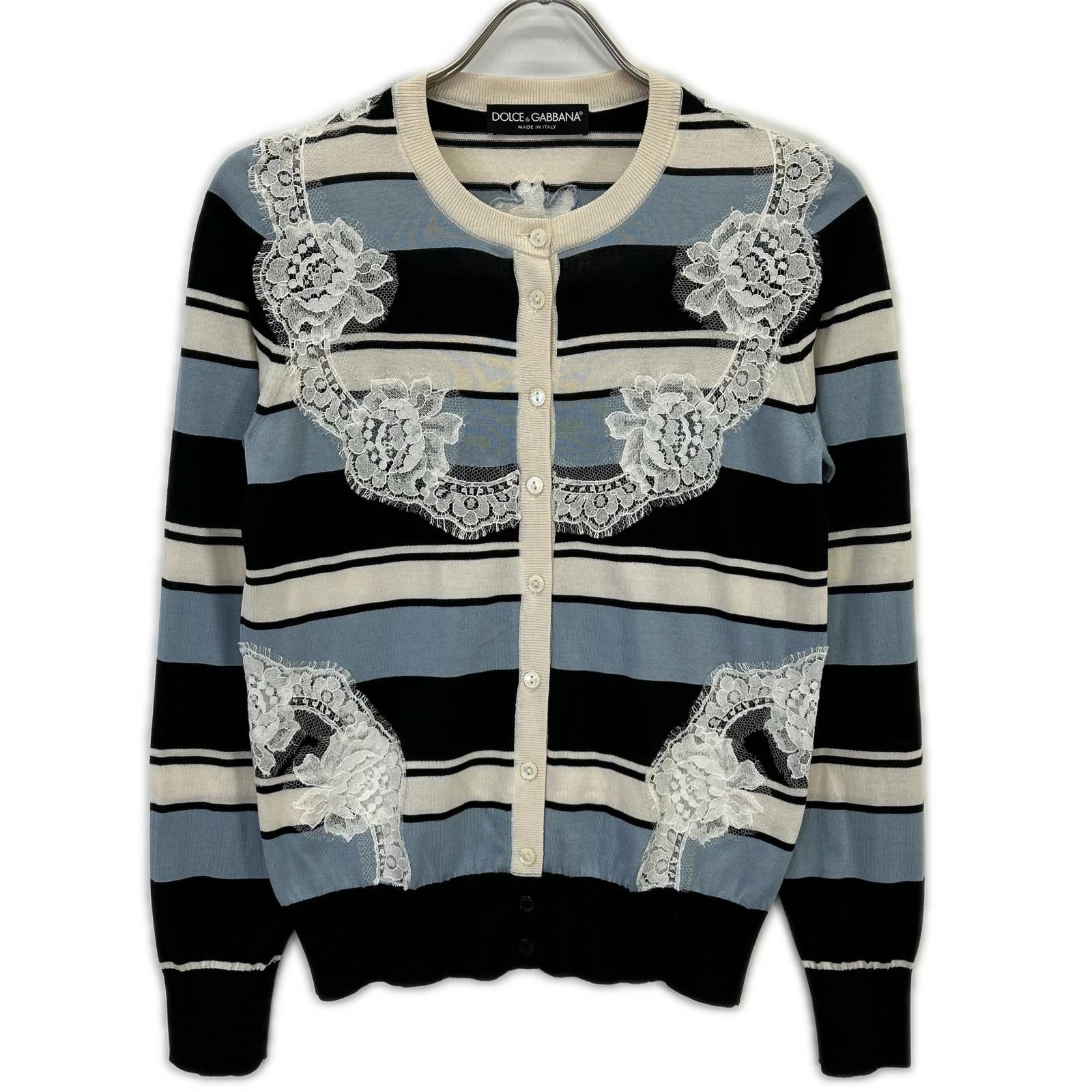 DOLCE&GABBANA Light Blue x Navy x White Border Lace Panel Knit Cardigan Top