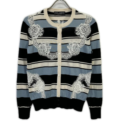 DOLCE&GABBANA Light Blue x Navy x White Border Lace Panel Knit Cardigan Top