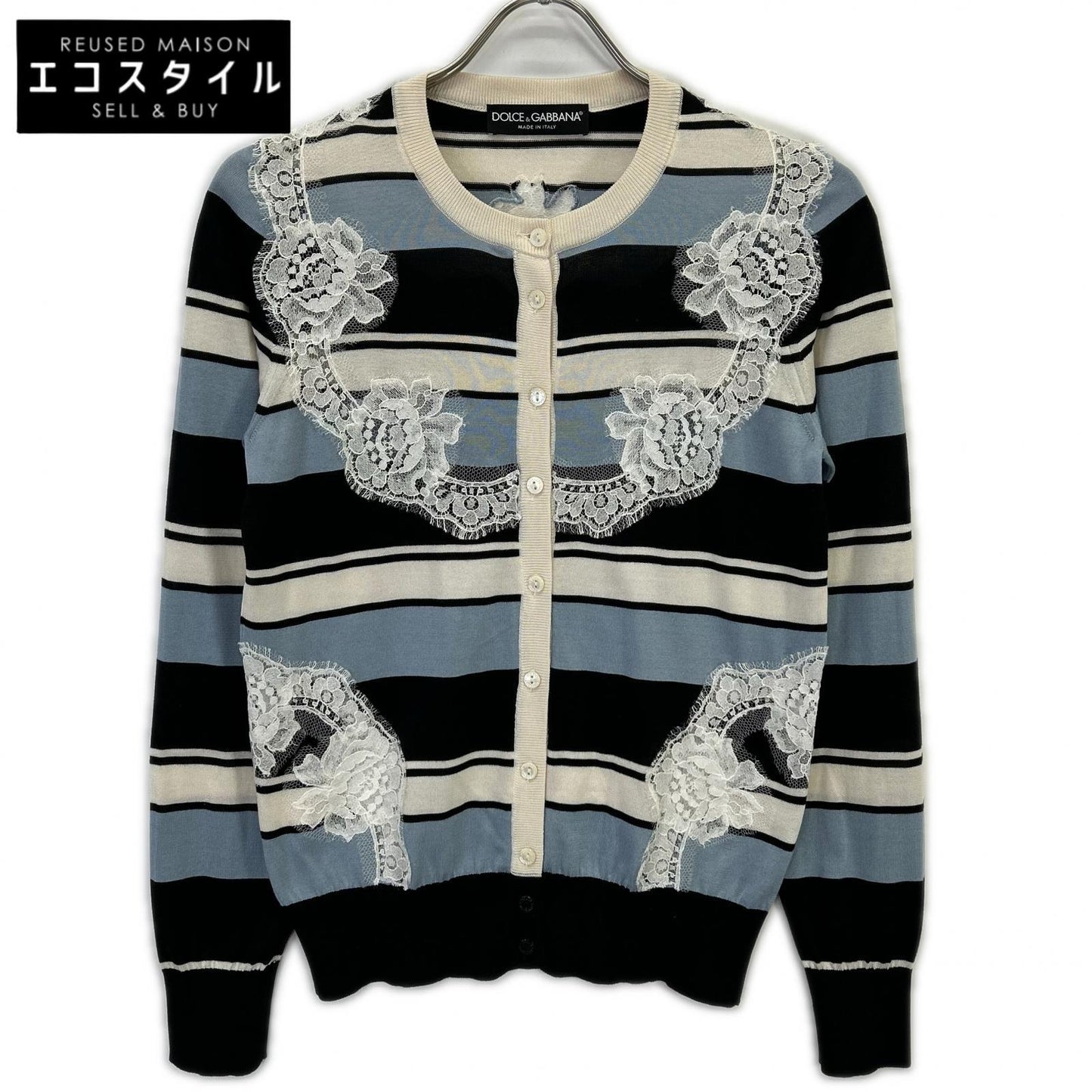 DOLCE&GABBANA Light Blue x Navy x White Border Lace Panel Knit Cardigan Top