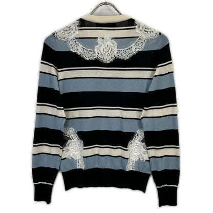 DOLCE&GABBANA Light Blue x Navy x White Border Lace Panel Knit Cardigan Top