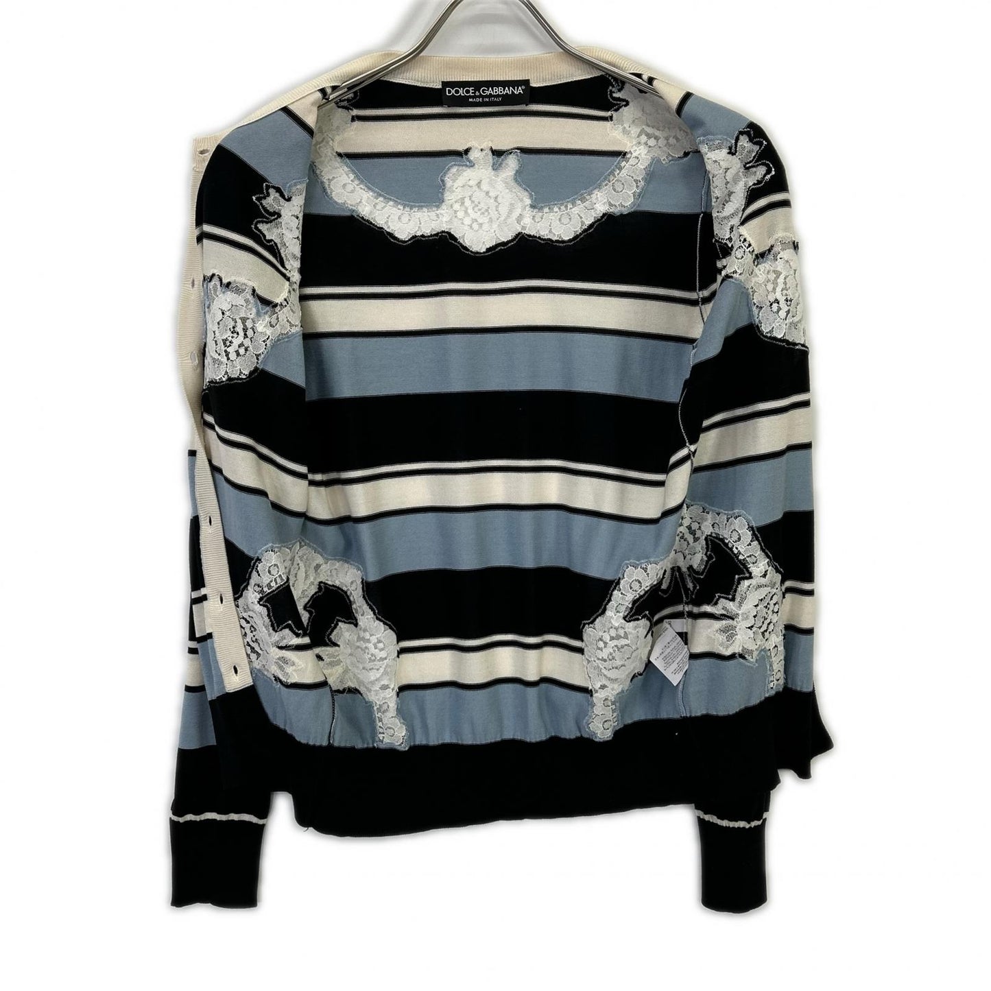 DOLCE&GABBANA Light Blue x Navy x White Border Lace Panel Knit Cardigan Top