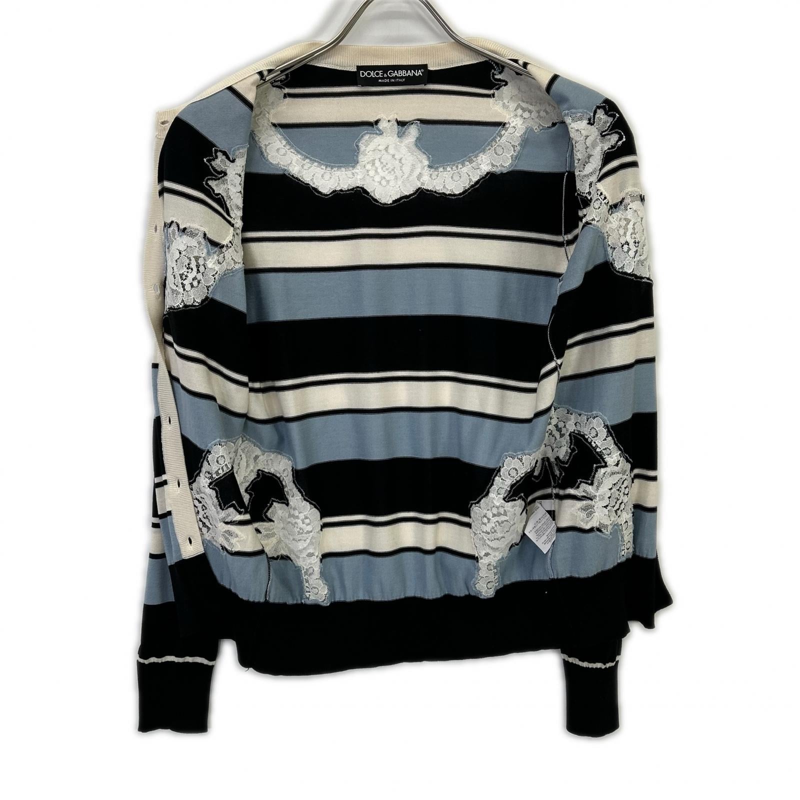 DOLCE&GABBANA Light Blue x Navy x White Border Lace Panel Knit Cardigan Top