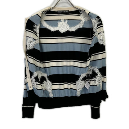 DOLCE&GABBANA Light Blue x Navy x White Border Lace Panel Knit Cardigan Top
