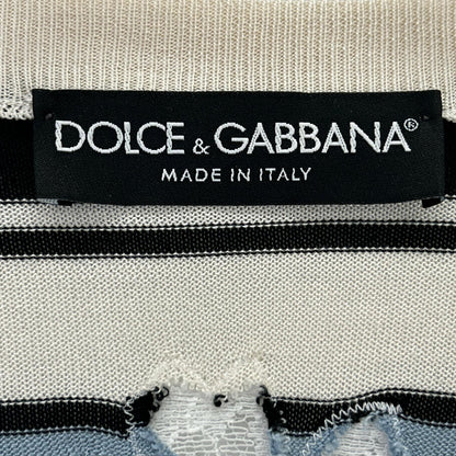 DOLCE&GABBANA Light Blue x Navy x White Border Lace Panel Knit Cardigan Top