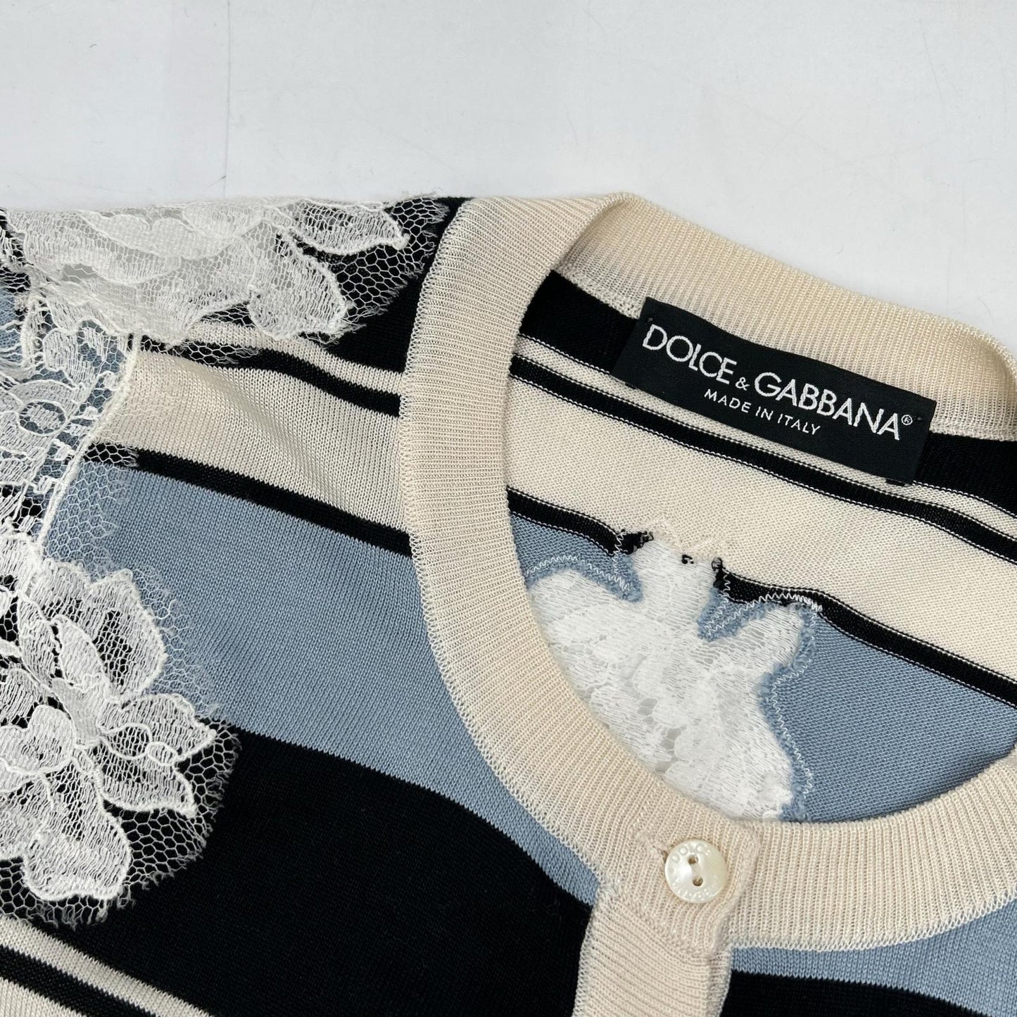 DOLCE&GABBANA Light Blue x Navy x White Border Lace Panel Knit Cardigan Top