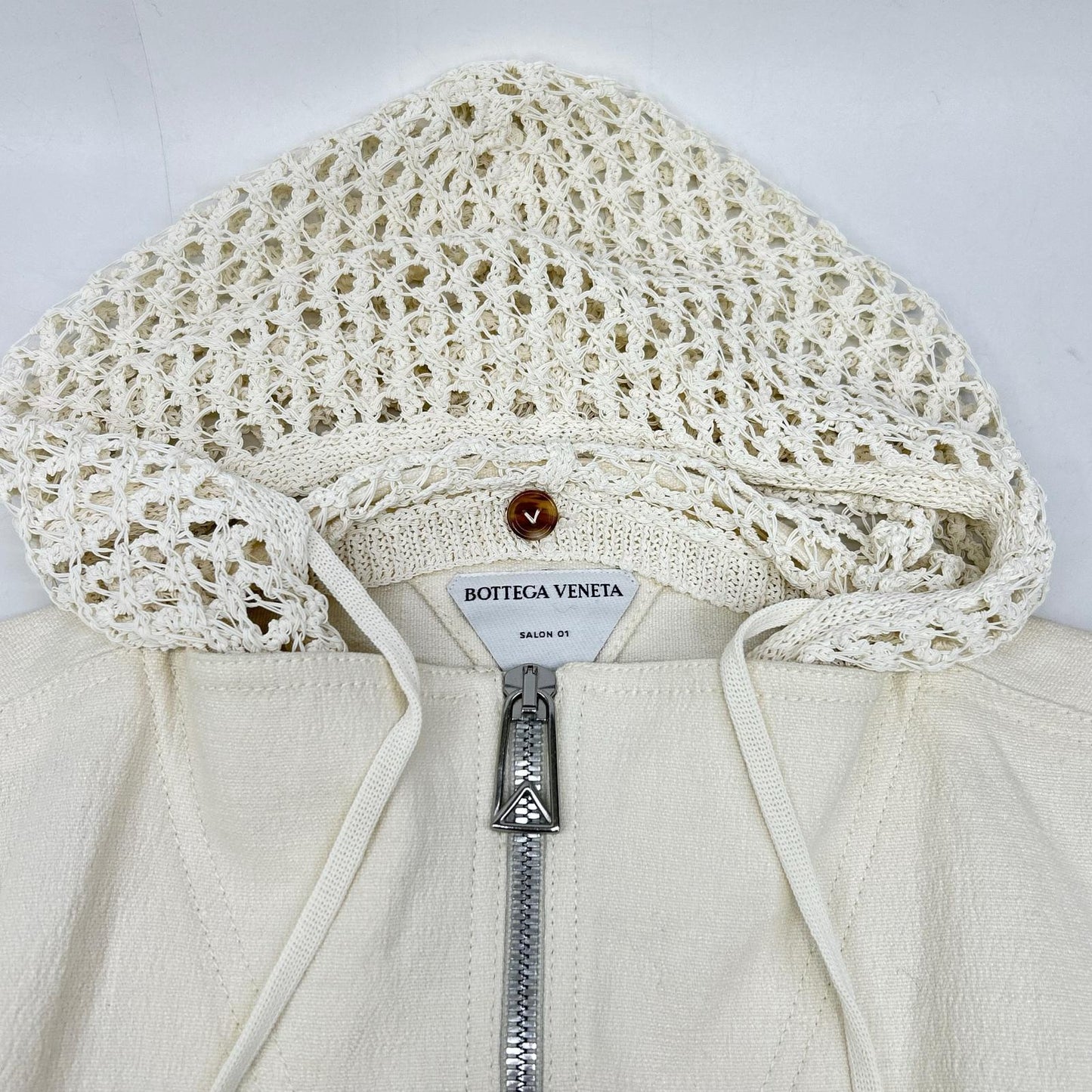 BOTTEGA VENETA 葆蝶家 白色亚麻混纺半拉链网眼针织连衣裙 连衣裙
