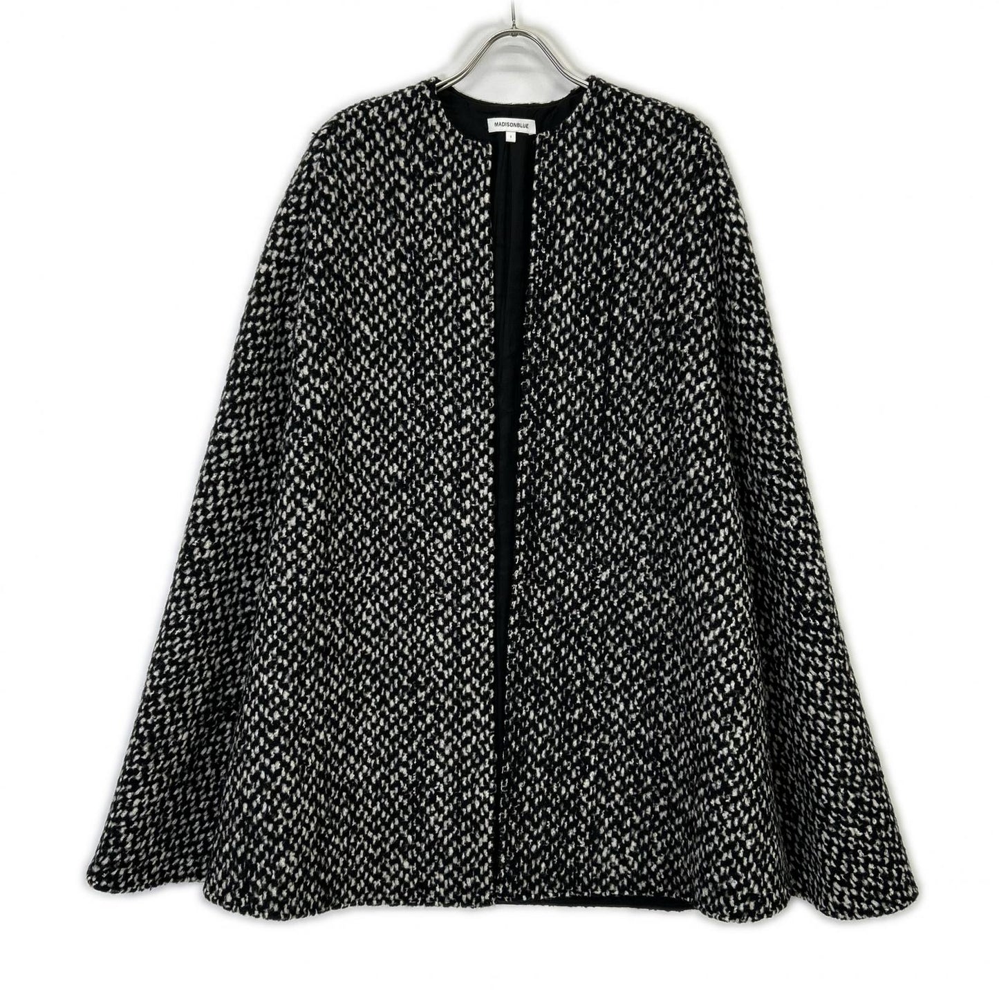 MADISONBLUE MB194-2022 Black x White Wool Mohair Side Slit Collarless Cape Coat Coat 01 (S)