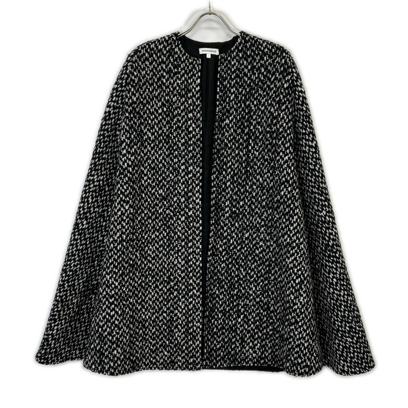 MADISONBLUE MB194-2022 Black x White Wool Mohair Side Slit Collarless Cape Coat Coat 01 (S)