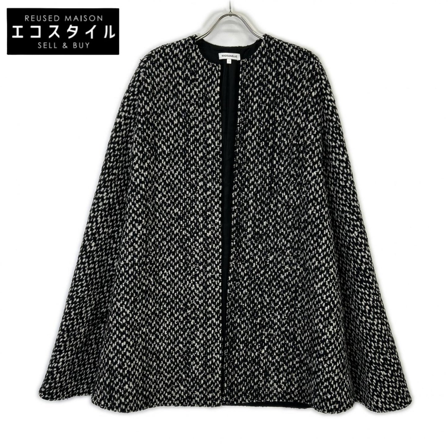 MADISONBLUE MB194-2022 Black x White Wool Mohair Side Slit Collarless Cape Coat Coat 01 (S)
