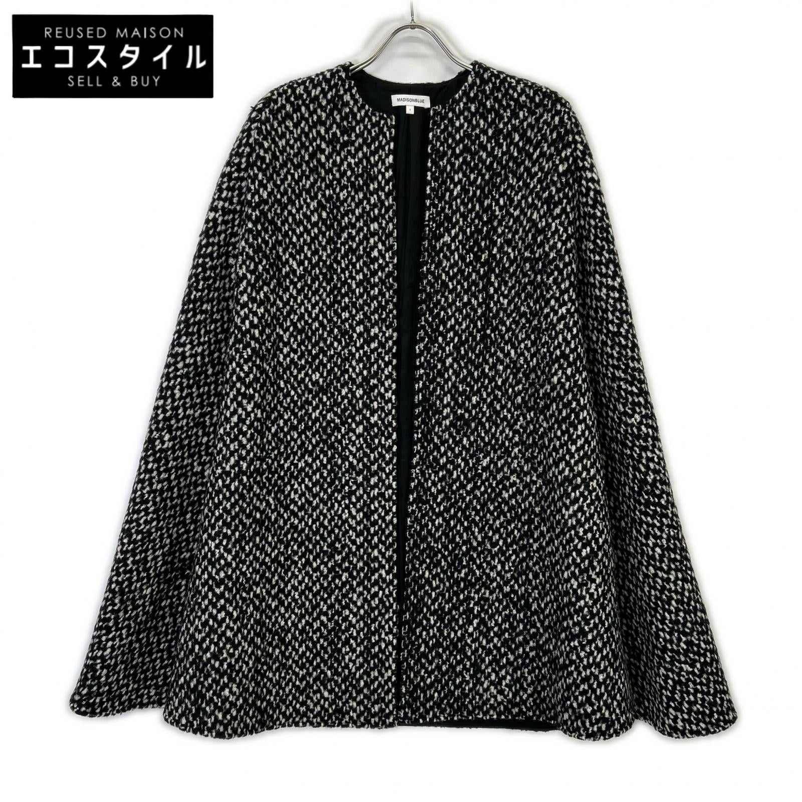 MADISONBLUE MB194-2022 Black x White Wool Mohair Side Slit Collarless Cape Coat Coat 01 (S)