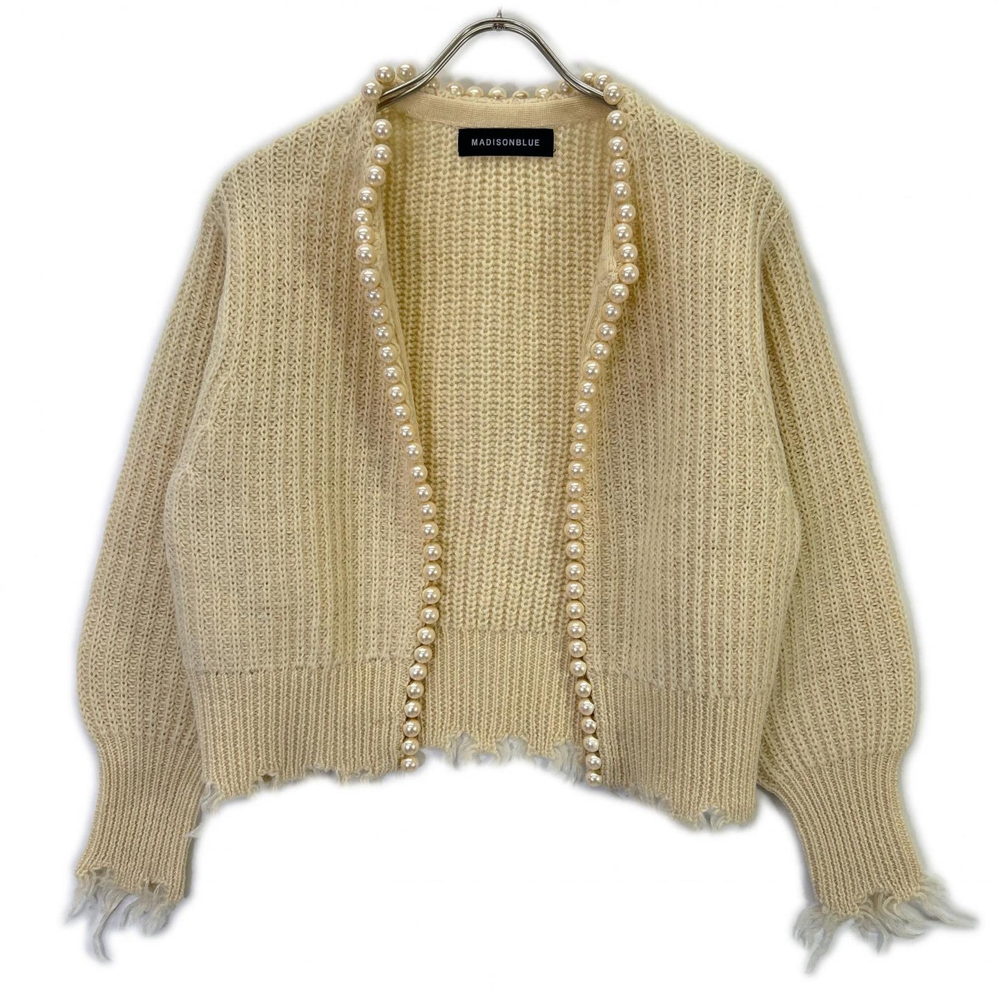 MADISONBLUE MB214-8027 Beige Wool Distressed Buttonless Pearl Knit Cardigan Top