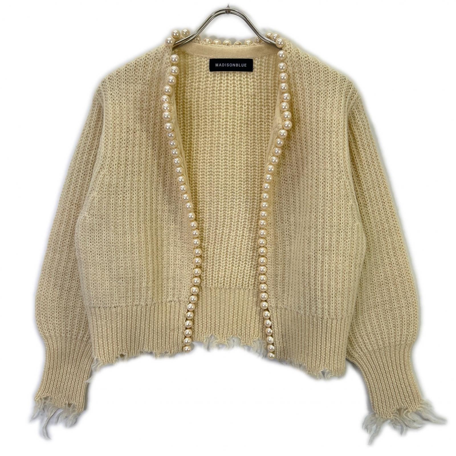 MADISONBLUE MB214-8027 Beige Wool Distressed Buttonless Pearl Knit Cardigan Top