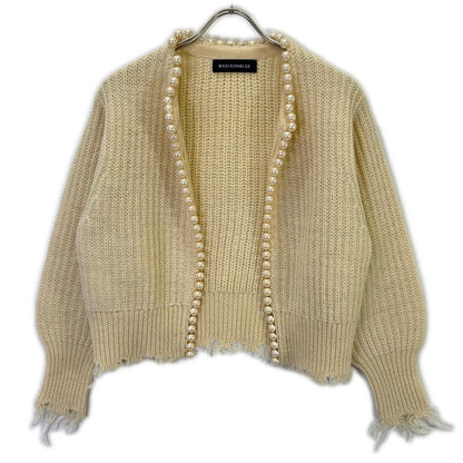 MADISONBLUE MB214-8027 Beige Wool Distressed Buttonless Pearl Knit Cardigan Top