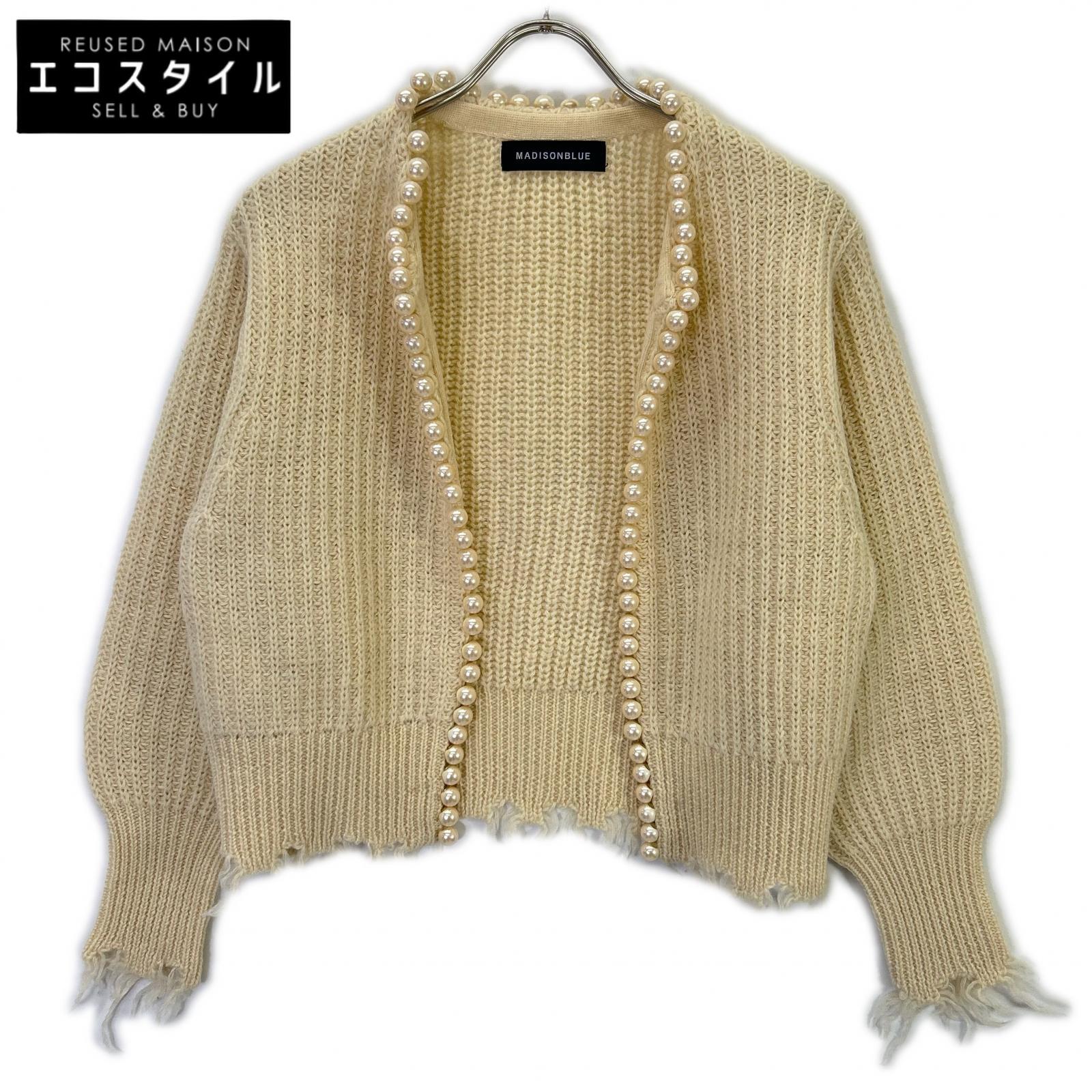 MADISONBLUE MB214-8027 Beige Wool Distressed Buttonless Pearl Knit Cardigan Top