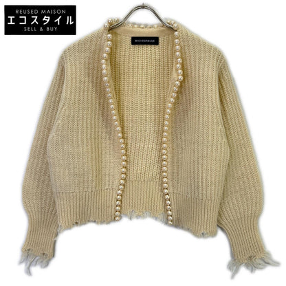 MADISONBLUE MB214-8027 Beige Wool Distressed Buttonless Pearl Knit Cardigan Top