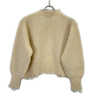 MADISONBLUE MB214-8027 Beige Wool Distressed Buttonless Pearl Knit Cardigan Top