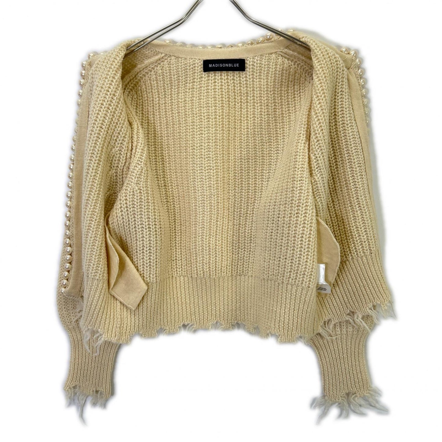 MADISONBLUE MB214-8027 Beige Wool Distressed Buttonless Pearl Knit Cardigan Top