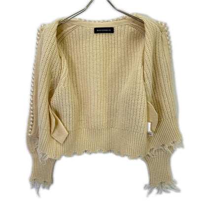MADISONBLUE MB214-8027 Beige Wool Distressed Buttonless Pearl Knit Cardigan Top