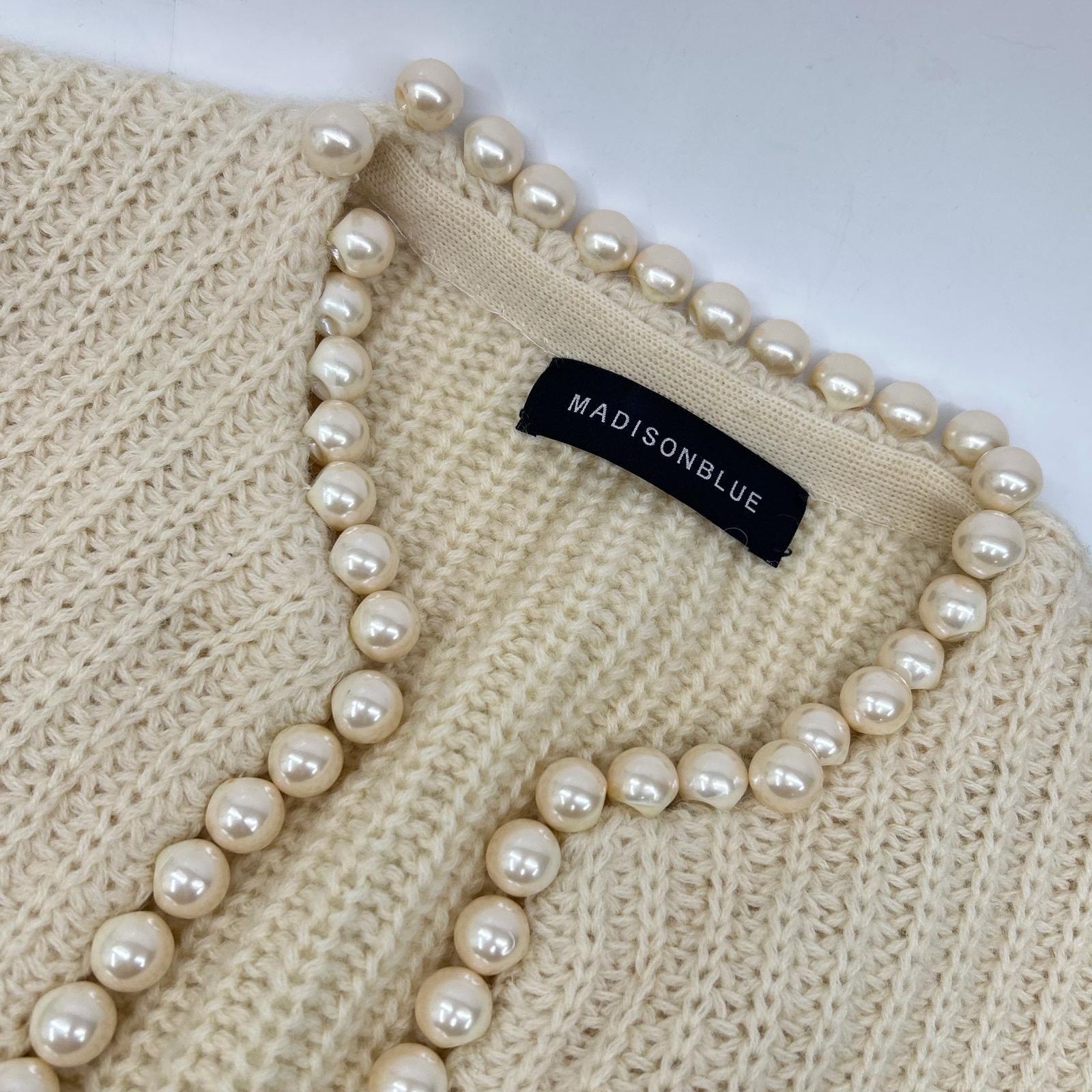 MADISONBLUE MB214-8027 Beige Wool Distressed Buttonless Pearl Knit Cardigan Top