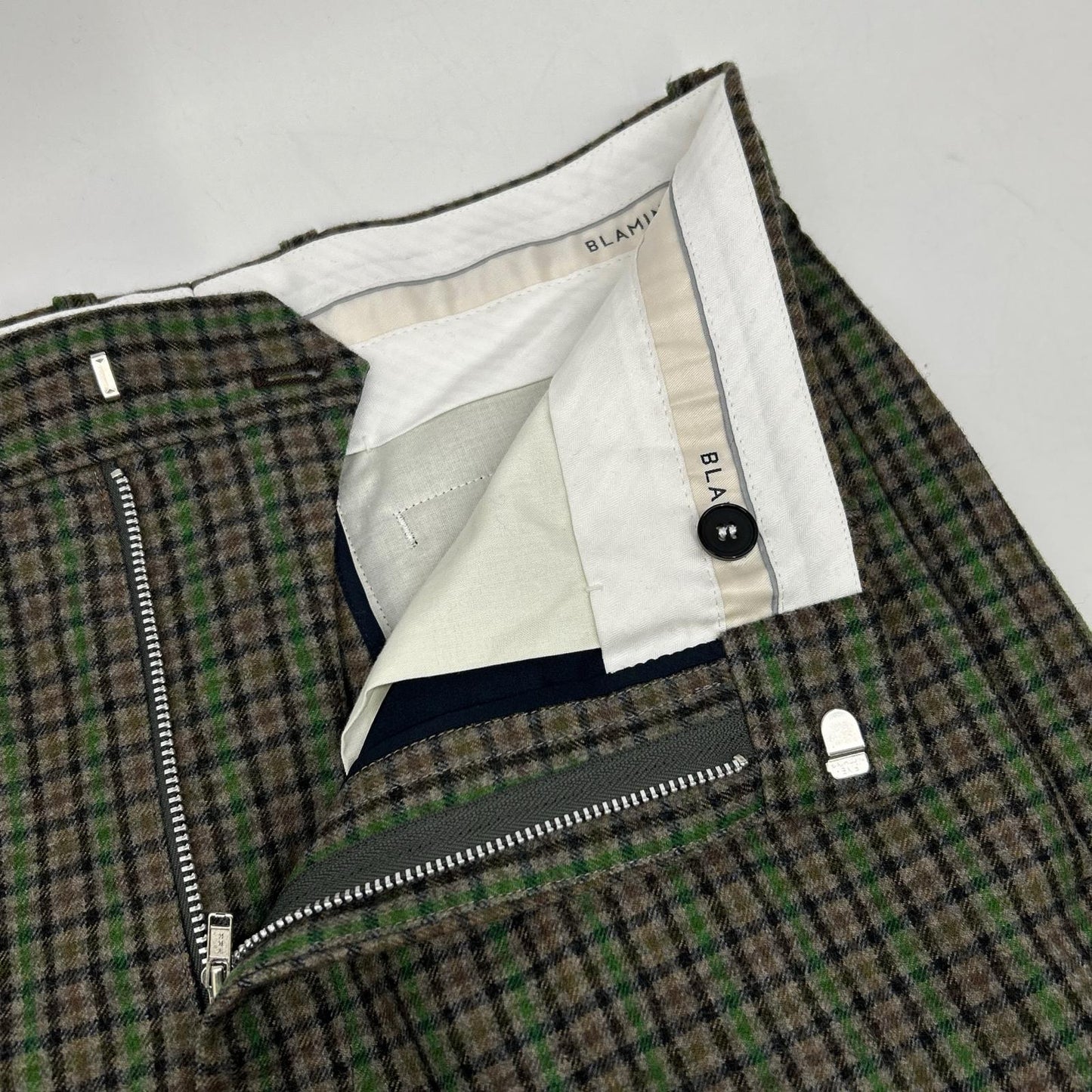 BLAMINK 布拉明克 7914-299-0396 灰褐色×绿色 羊毛 中缝压线 格纹直筒裤 下装