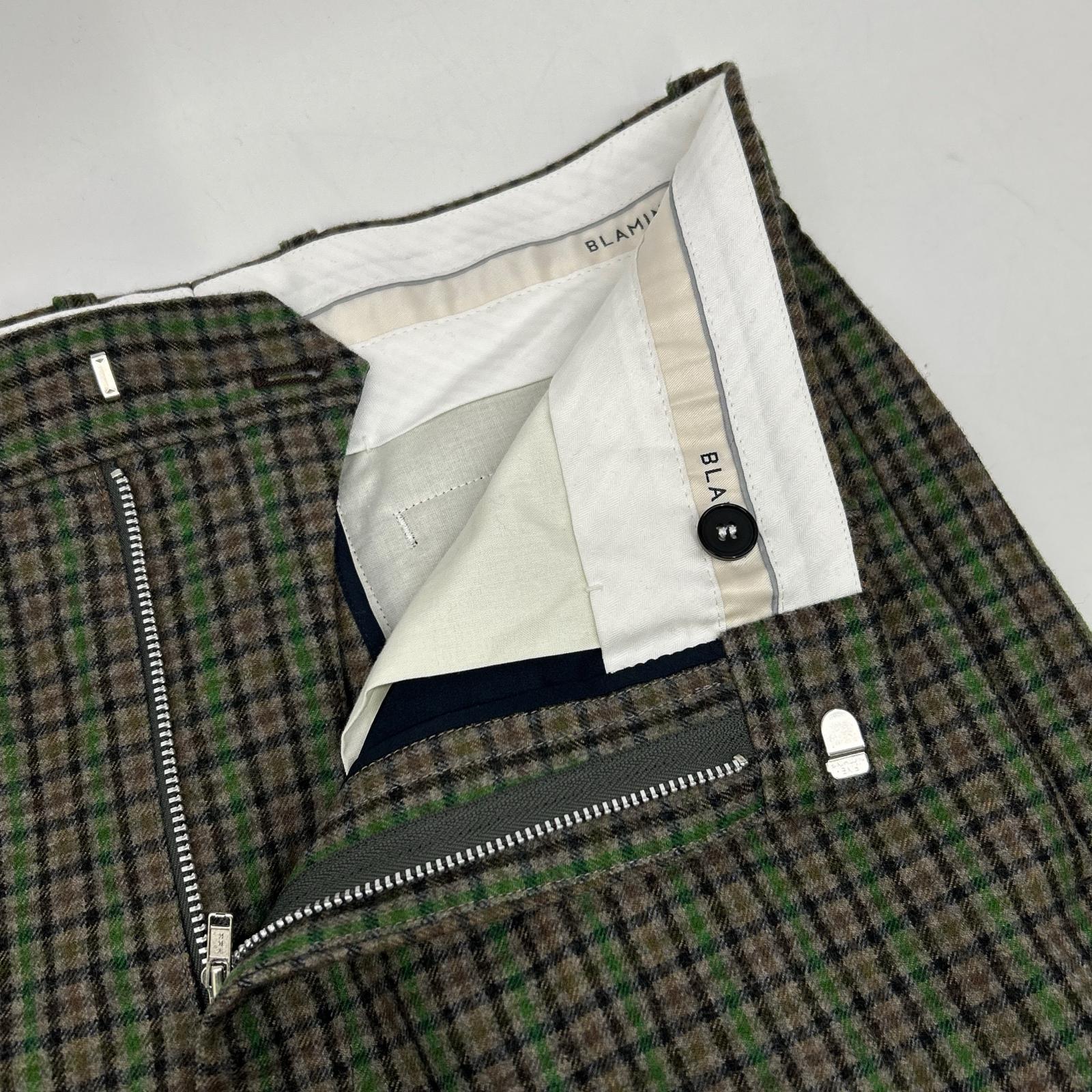 BLAMINK 布拉明克 7914-299-0396 灰褐色×绿色 羊毛 中缝压线 格纹直筒裤 下装