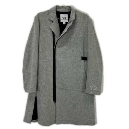 Y-3 GK4388 Grey CH1 Wool Flannel Asymmetrical Long Coat XS