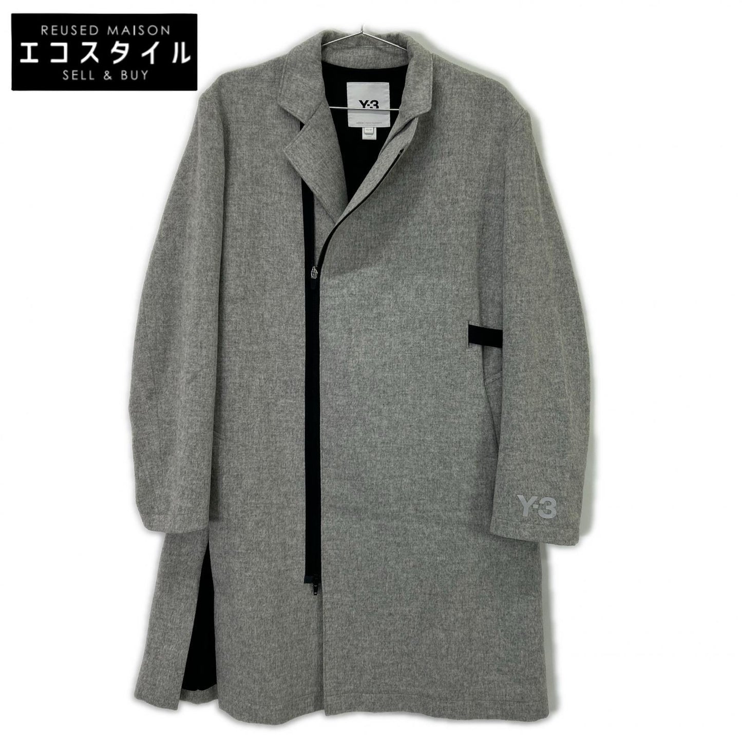 Y-3 GK4388 Grey CH1 Wool Flannel Asymmetrical Long Coat XS