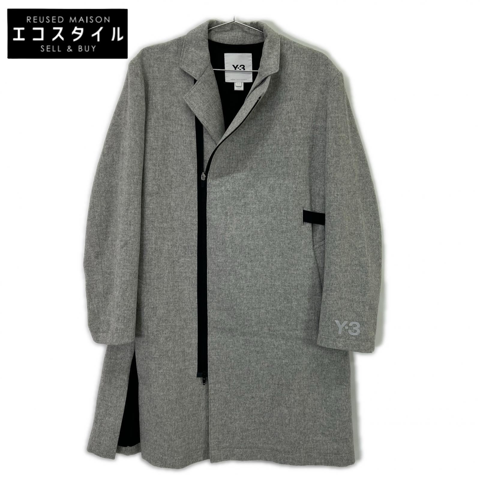 Y-3 GK4388 Grey CH1 Wool Flannel Asymmetrical Long Coat XS