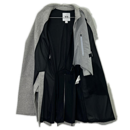 Y-3 GK4388 Grey CH1 Wool Flannel Asymmetrical Long Coat XS